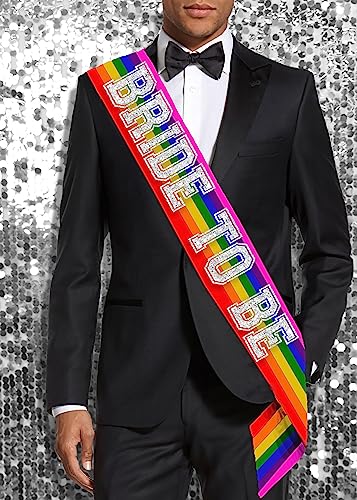 Gay Bride Sash - Premium Bridal Grade Satin Silver Sparkle Sporty Bride to Be Rainbow Sash - Gay Pride Bachelorette Party Wedding Gift - Sash(SprtyB2B) RBW3