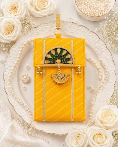 Arrakasta Crafts Gota Patti Ethnic Mobile Pouch for Women, Rajasthani Mobile Phone Purse Satka for Women Hanging Saree with Tassels Waist Clip (Yellow Leheriya Mothra Mobile Pouch Satka)