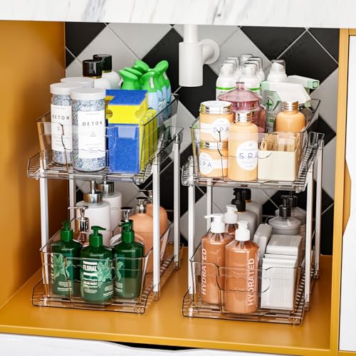 SuoXing 2 Pack 2 Tier Under Cabinet Bathroom Storage,Large 12.4″ Deep Under Sink Organization With Dividers,Clear Pull Out Organizers for Kitchen,Undersink Storage for Hair Products,Towel and Makeup