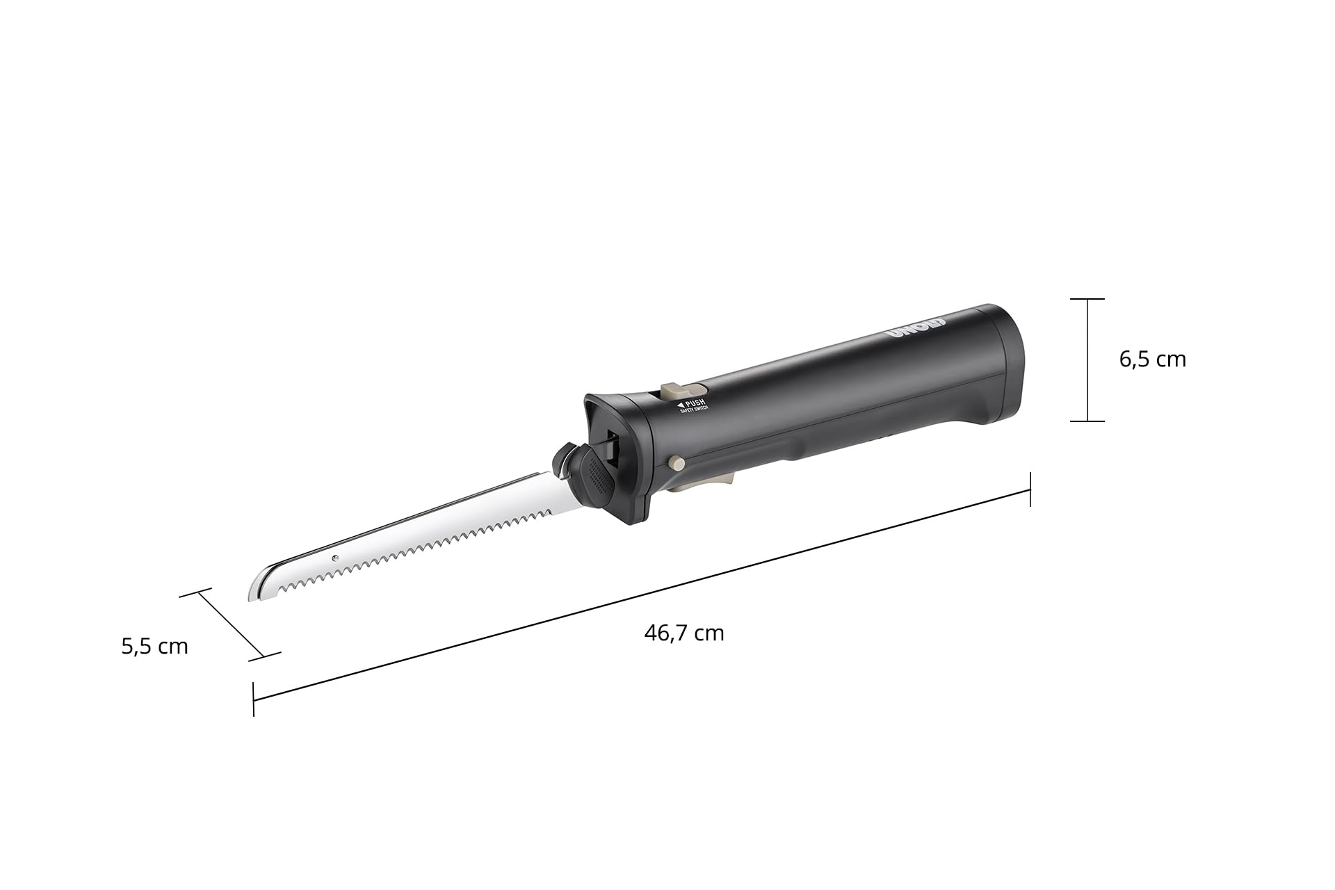 Unold 78815 Coltello elettrico senza fili con due coltelli intercambiabili in acciaio inox per pane, verdure, carne o pesce, durata della batteria di 45 minuti, senza fili – per una