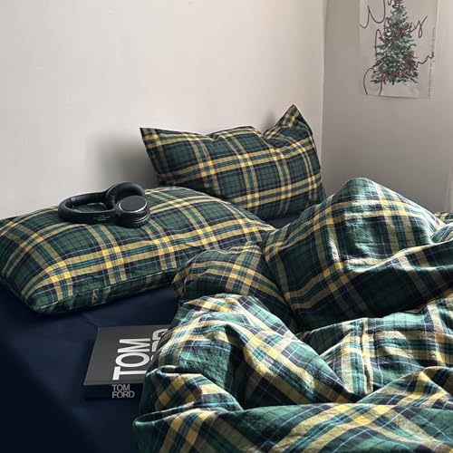 Image of MKXI Twin Size Forest Green & Mustard Yellow Plaid Duvet Cover Set, 3 Piece All Season Washed Cotton Bedding, Vintage Preppy Style Rustic Outdoor Bed Set with Zipper Closure & Corner Ties