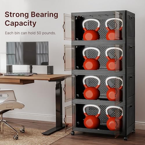 Image of UAMFURI Stackable Storage Bins with Lids, 480QT Closet Organizers, Lockable Storage Cabinet,Foldable Storage Box with Doors and Wheels, Plastic Drawers for Home, Garage, Office (4, Black, Large)