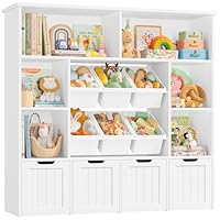 FOREHILL Kids Toy Storage Unit Childrens Bookcase Toy Organiser Kids Bookshelf, 6 Removable Toy Boxes, 6 Open Compartments, 4 Drawers with Wheels for Nursery Playroom White 125x33x121.5cm
