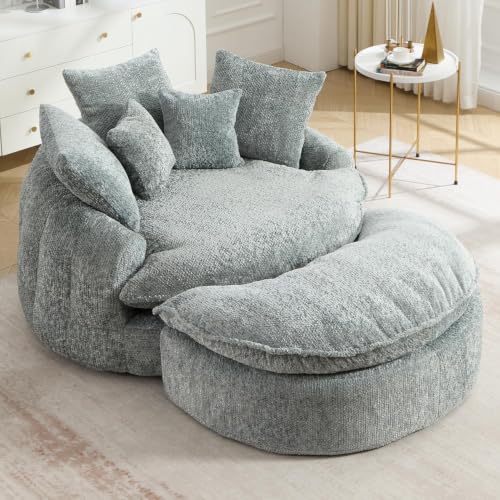 Image of 54 inch Round Chaise Lounge with Ottoman Big Bean Bag Round Sofa Bed Oversized Round Couch Boneless Reading Chair Comfy Plush Chenille Large Chaise Chair for Living Room, Apartment, Blue Gray