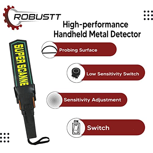 Image of Robustt High Sensitivity Hand Held Metal Detector (Pack of 10) Leather case on Handle, with Battery Included Alarm Mode -Sound, Vibration & Led Lights for Malls, Airports, Railway Stations, Banks