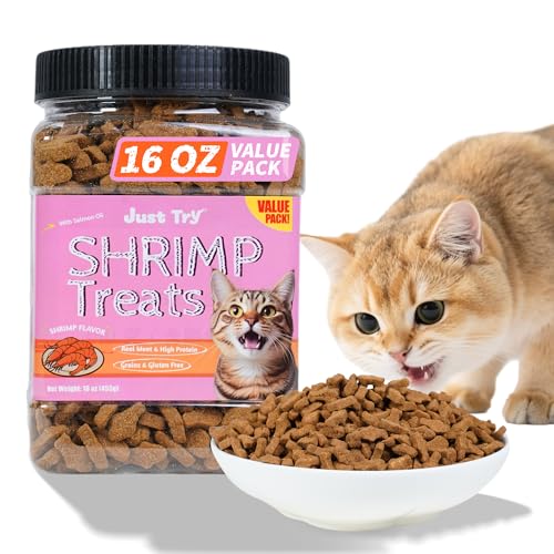 Just Try 16 OZ Shrimp Cat Treats - Grain Free, Crunchy Cat Snacks with Real Shrimp & Krill Oil for Cats, Omega-3 for Skin & Coat, Training Treats