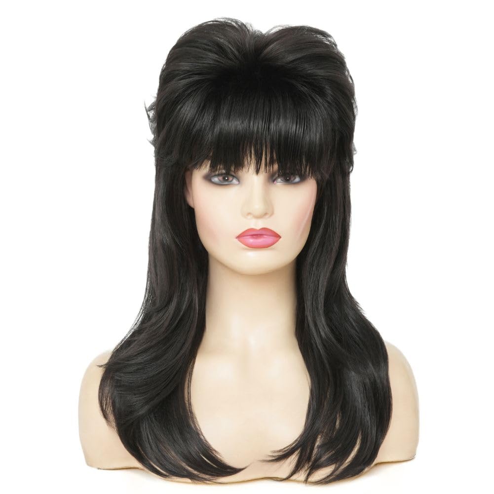 Black 80s Long Wig for Women Mullet Wigs Layered Funny Wig with Bangs Natural fluffy Synthetic Wig for Halloween Daily Party Use