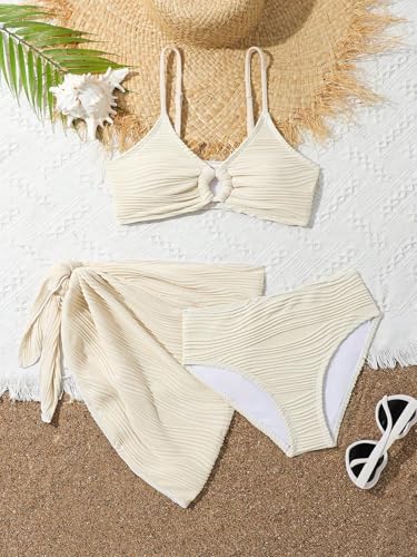 Milumia Girl's Cute 3 Piece Swimsuit Textured Bikini Set with Beach Cover Up Skirt Bathing Suit3