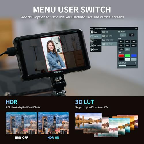 Image of FEELWORLD 6 Inch DSLR Camera Field Monitor,1200nit High Bright 4K HDMI On Camera Monitor, 3D Lut 1920X1080 HD Focus Peaking Assist Full Waveform Video Field Monitor FW568PRO
