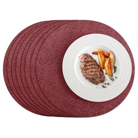 Romanstile Round Placemats Set of 8, Reversible Faux Leather Table Place Mats 100% Waterproof Oil-Proof Non-Slip Wipeable Double-Sided Vinyl Table Mats for Kitchen/Dining/Party, Red Cover