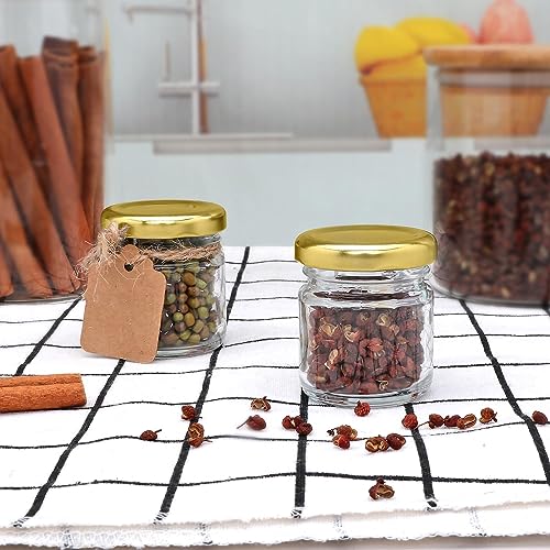Image of EVATTA Small Glass Jars with lid 50 ml - 108 Pieces Clear | Round Shape | Golden Airtight Metal Lid | mini glass jars | Mini Mason Jars for Candle Making Gifts Wedding Spice Jars Party Favors