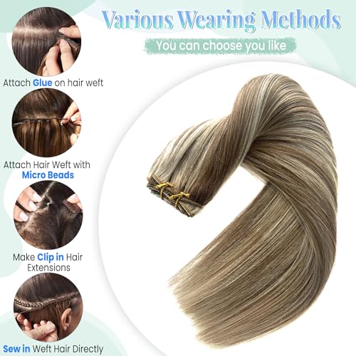 Image of Sew in Hair Extensions Real Human Hair, 120g 24 Inch Weft Hair Extensions Remy Real Human Hair Ash Brown Balayage Ash Blonde Highlights Human Hair Weave Bundles Full Head Straight Hair Wefts