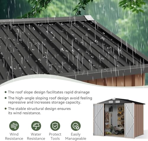 Aoxun Garden Sheds 6x4ft, Metal Shed Bike Tool Shed, Sheds and Outdoor Storage with Lockable Doors & Slooping for Backyard, Patio, Poolside,Brown - Image 2