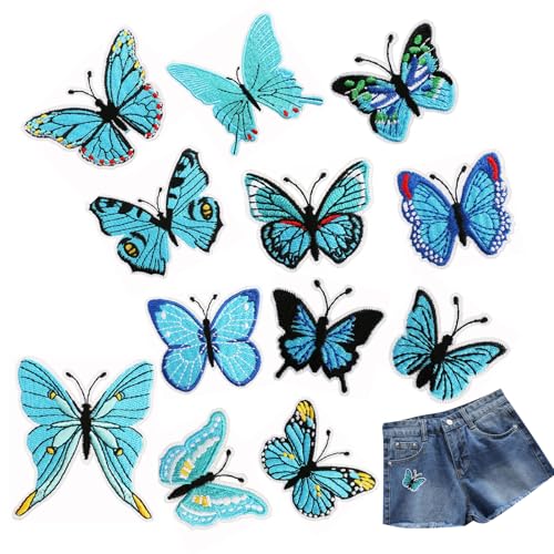 Lingia 12 Pièces Patch Thermocollant Papillon Broderie pour Textile et Jean, Décoration de Sac d'École (Bleu)