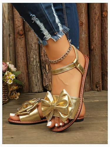 Image of GORGLITTER Women's Bow Flat Sandals 2026 Dressy Cute Ankle Strap Slides | Summer Shoes for Women 2026, Slip On Open Toe Flats, Slingback Slides, Vacation Dress Sandals