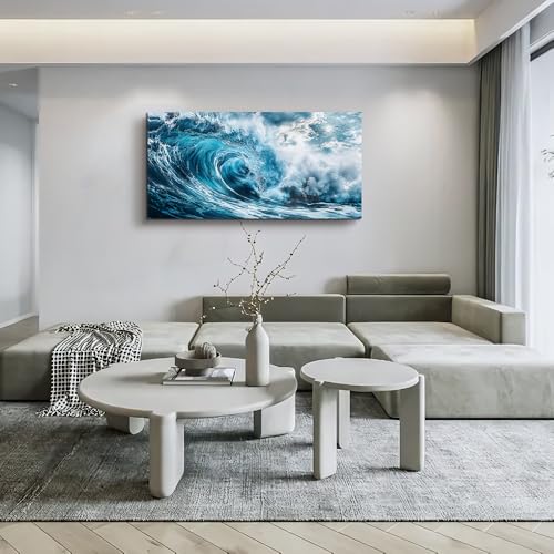 ERQINHUA Large Canvas Wall Art For Living Room Wall Decor For Bedroom Ocean Inspiration Wall Pictures Office Decorations Blue Wave Wall Paintings Modern Home Wall Decor Art Ready To Hang 24"X48"