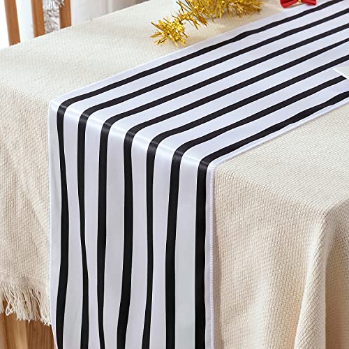 HYCC 10-Pack Stripes Satin Table Runner for Wedding/Bridal Shower Birthdays/Baby Shower and Special Events (Black/White, 12"X 108")