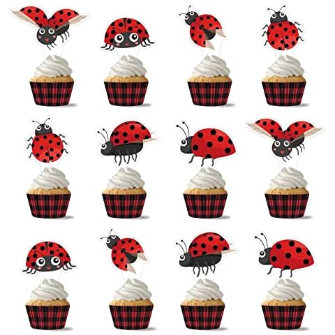 Xiliconie Ladybug Party Insects Decorations Supplies 24 Pcs Ladybug Cupcake Toppers ladybug birthday party decorations for Baby Shower Kids 1st Birthday Party Cake Decorations Supplies Cover