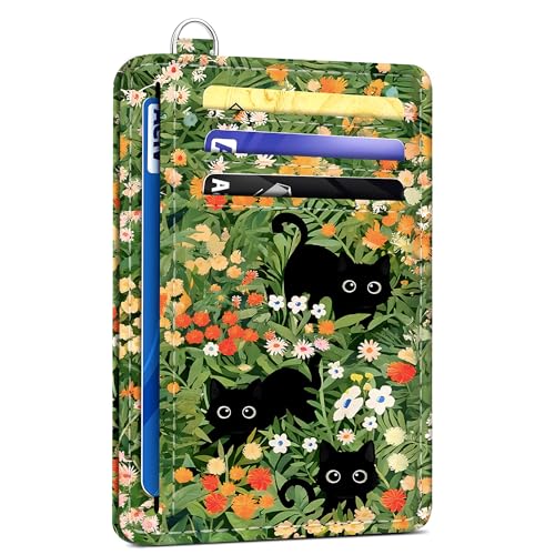 SEAVILIA Credit Card Holder for Women Black Cat RFID Wallet Women Slim Minimalist Front Pocket Card Holder Cute Thin Travel RFID Blocking Card Case Small Wallets Woman Gifts Girls