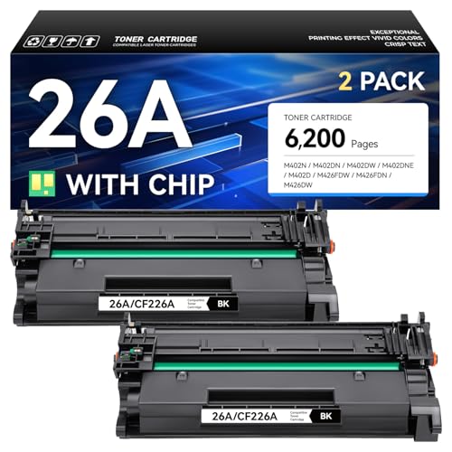 26A Toner Cartridge Black 2-Pack High Yield with Chip Replacement for HP 26A CF226A Compatible with HP Laserjet Pro MFP M426fdn M426fdw M402dn M402dne M402dw M402n Printer M426 M402 Series Ink Copier