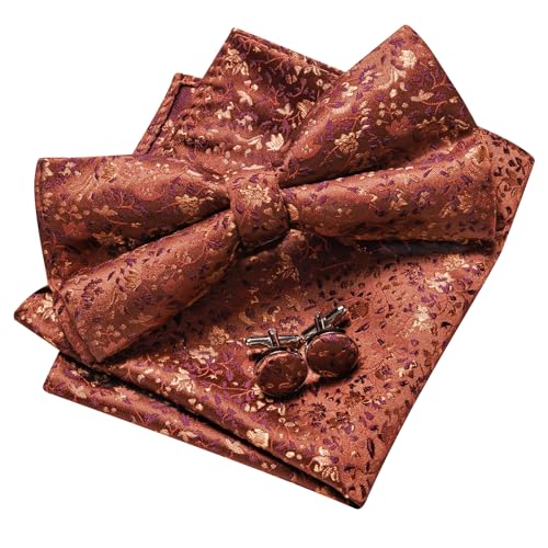 Image of YOHOWA Mens Bow Tie Set Paisley Pre-tied Bowties Adjustable with Handkerchief Cufflinks Gold Ring Set Wedding Prom Party