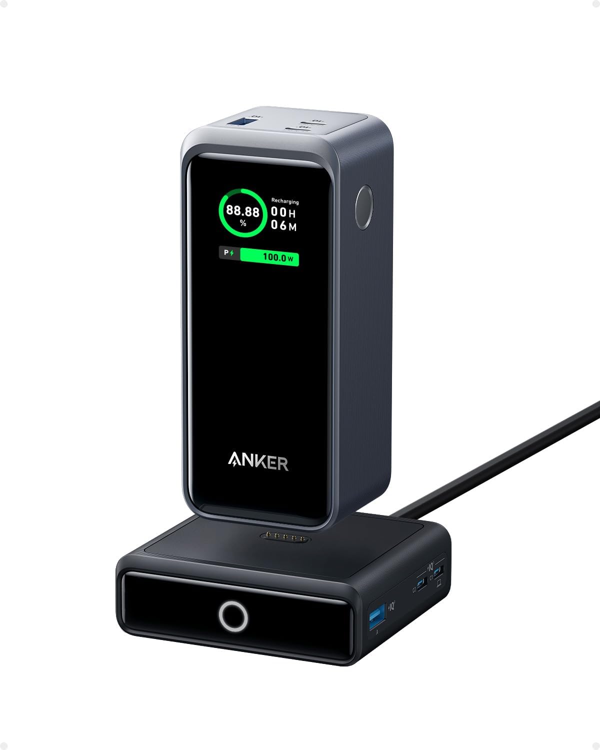Anker Prime Power Bank 200W 20 000mAh Portable Charger 3-Port with 100W Charging Base Smart Digital Display Compatible