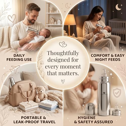 Image of StarAndDaisy Baby Milk Bottle for new Born /Infant /Toddler Pack of 3-200 ML SUS 304 Steel Baby Feeding Bottle for 0+ Months, BPA Free Leakproof Bottle, Anti Colic, Easy to Clean & Extra Nipple