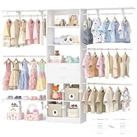 Besiost Closet System - 4.75-8FT Closet Organizer System with Wooden Drawers & Cube Storage Organizer, Up To 96\" Closet Systems for Nursery & Walk-In Closets with Cuttable Hanging Shelving, White