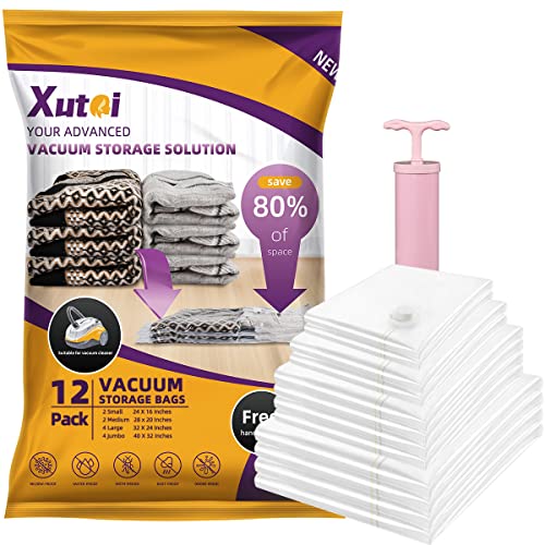 XUTAI Vacuum Storage Bags - 12 Packs Space Saver Bags Vacuum Seal Bags (4 Jumbo, 4 Large, 2 Medium, 2 Small ) with Pump, 80% More Storage! Large Vacuum Bags for Clothes, Comforters, Blanket, Bedding