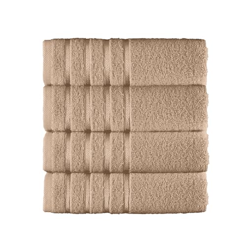 Image of Elegant Comfort 100% Turkish Cotton 4 Lines Viscose Stripe Luxury 4 Pack Hand Towel Set - Ultra Absorbent and Soft 16 x 28 Inch Premium Hotel Spa Quality Towels for Everyday Bath Use, Taupe
