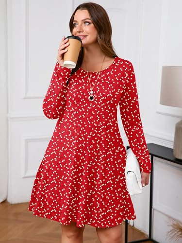 Image of AusLook Women's Plus Midi Dress Long Sleeve Crew Neck A-Line Swing Flowy Vacation Fall Wedding Guest Dresses with Pocket 1-5X