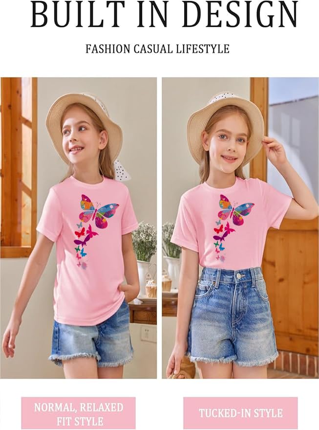 Girls Butterfly Graphic T-Shirt, Cotton Blend, Pink, Ages 4-13 Years, Sizes 4-182
