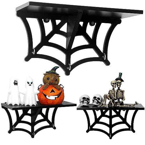 2 Pcs Spider Web Shelf Halloween Hanging Shelf Spooky Floating Shelves Wood Gothic Shelf with Hooks Black Goth Wall Decor for Oddities and Curiosities Home Kitchen Bathroom Display