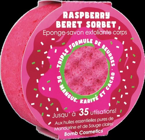 Bomb Cosmetics Éponge 2 en 1 infusée de savon pour le corps, exfoliante, triple beurre avec savon à l'intérieur du sorbet framboise