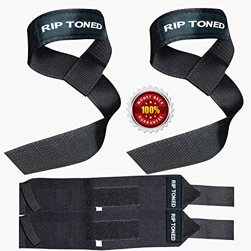 Lifting Straps + Wrist Wraps Bundle (1 Pair of Each) by Rip Toned - *Bonus Ebook* for Weightlifting, Crossfit, Workout, Gym, Powerlifting, Bodybuilding - Lifetime Replacement Warranty!