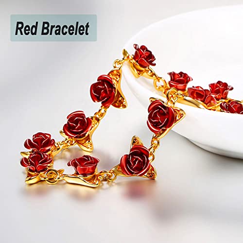 U7 Women Girls Cute 18K Gold Plated Red Rose Flower Wrist Chain Link Charm Bracelet Bridesmaid Wedding Party Jewelry Dozen Roses Bracelets #TOP5