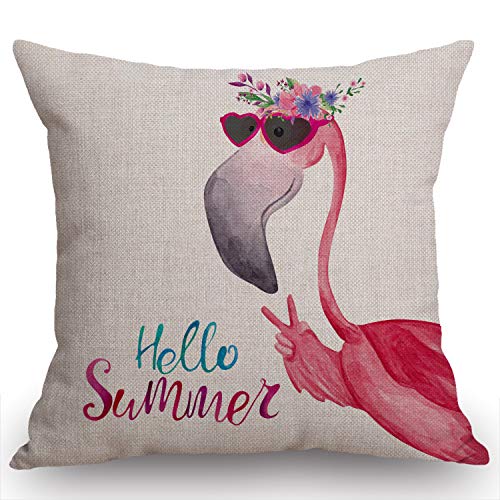 Comparativas de Gafas flamingo los diez mejores. 37 Swono Hello Summer Flamingo - Funda de almohada decorativa con diseño de flamencos en gafas de sol y corona floral para decoración del hogar, 45,7 x 45,7 cm, algodón y lino para...