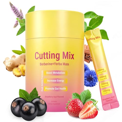 Warmbioder Cutting Drink Mix | Supports Satiety Signaling Supports Energy & Gut Health with Berberine&Chromium&FOS&Yerba Mate & 5-HTP Strawberry Aa 30 Sticks