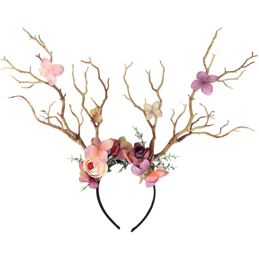 Sofezdo Flower Deer Antlers Headpiece Floral Elk Horn Headband Women Forest Tree Branch Antlers Headpiece for Elf Carnival Cosplay