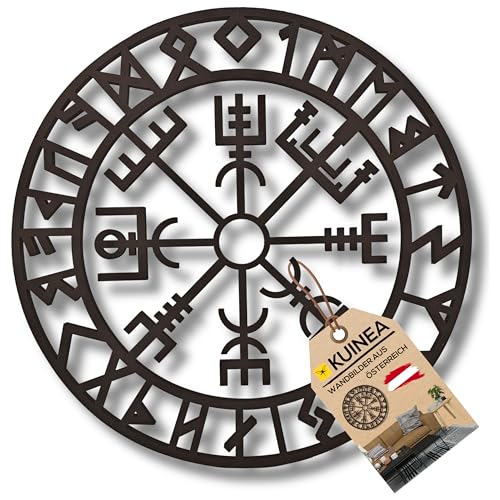 KUINEA Wikinger Kompass Wand Ø 42cm, Wikinger Deko Wand [Farbe Anthrazit] Wikinger Schutzrune Wanddeko, Wikinger Deko Wohnung, Vegvisir, Mittelalter Deko, Wikinger Wandbild, Wikinger Holz Deko