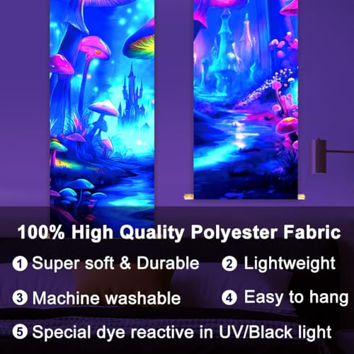 CRAFTYMELODY 2 Pack Blacklight Mushroom Tapestry Glow in the Dark Tapestry UV Reactive Starry Wall Hanging 12.9×51 Inch with Ropes Wooden Rods for Bedroom Dormitory Living Room Home Wall Decoration by CRAFTYMELODY - Image 7