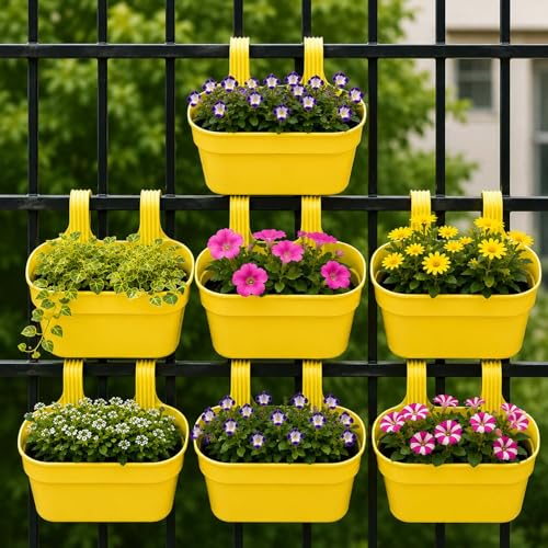 Image of Go Hooked 12 Inch Plastic Railing Hanging Planter Pot Set of 7 | Rectangular Flower Pots with Double Hook for Garden Fence Balcony Indoor Outdoor Home Decor | Durable Plant Container (Yellow)