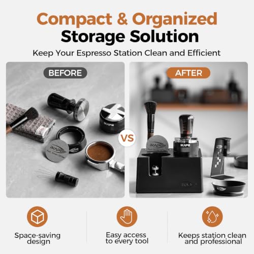 Image of IKAPE 53MM Black Espresso Tool Set 8 IN 1, Coffee Tamper, Distributor, Magnetic Funnel, Puck Screen, Tamper Station, Stirrer Distribution Tool, Cleaning Towel and Brush