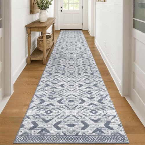 KILOCOCO Hallway Runner Rug 2.6'x18' Washable Printed Moroccan Runner Rugs Non Slip Entryway Rugs Soft Indoor Long Floor Rug for Bedroom Kitchen Living Room Geometric Boho Carpet Runners, Grey White