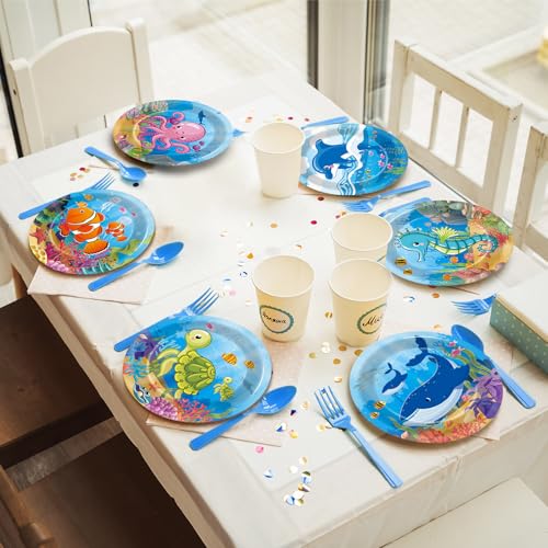 Justforjoyful 48Pcs Under the Sea Party Decoration Ocean Birthday Paper Dessert Plates Sea Animal Theme Tableware Underwater Creature Table Decor Supplies for Baby Shower Sea life Birthday Party Favor - Thumbnail 4