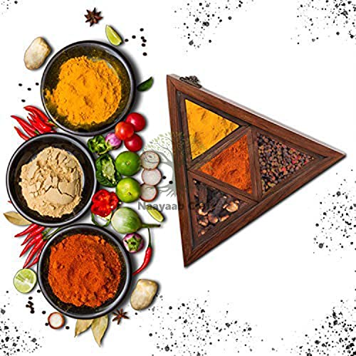 Image of Naayaab Craft Sheesham Wooden Masala Spice Box with Spoon - Anjarai Petti - Spice Box - Triangular Design