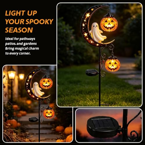 Solar Halloween Black Cat & Pumpkin Moon Garden Stake Light, Metal Crescent Moon & Pumpkin Lantern, Outdoor Waterproof LED Yard Decoration with Crescent Moon, for Patio Lawn Path Yard (D #) - image 5