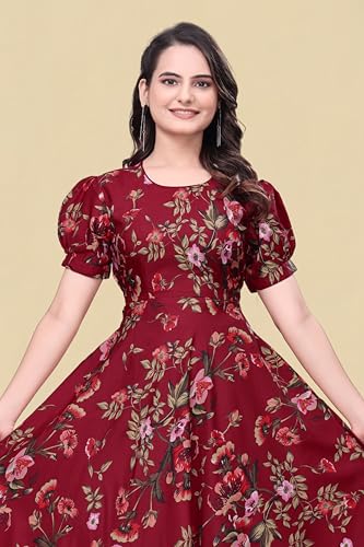 Image of Women's A-Line Crepe Maxi Dress | Stylish Fit and Flare Dress with Round Neck Short Puff Sleeves for Casual Wear