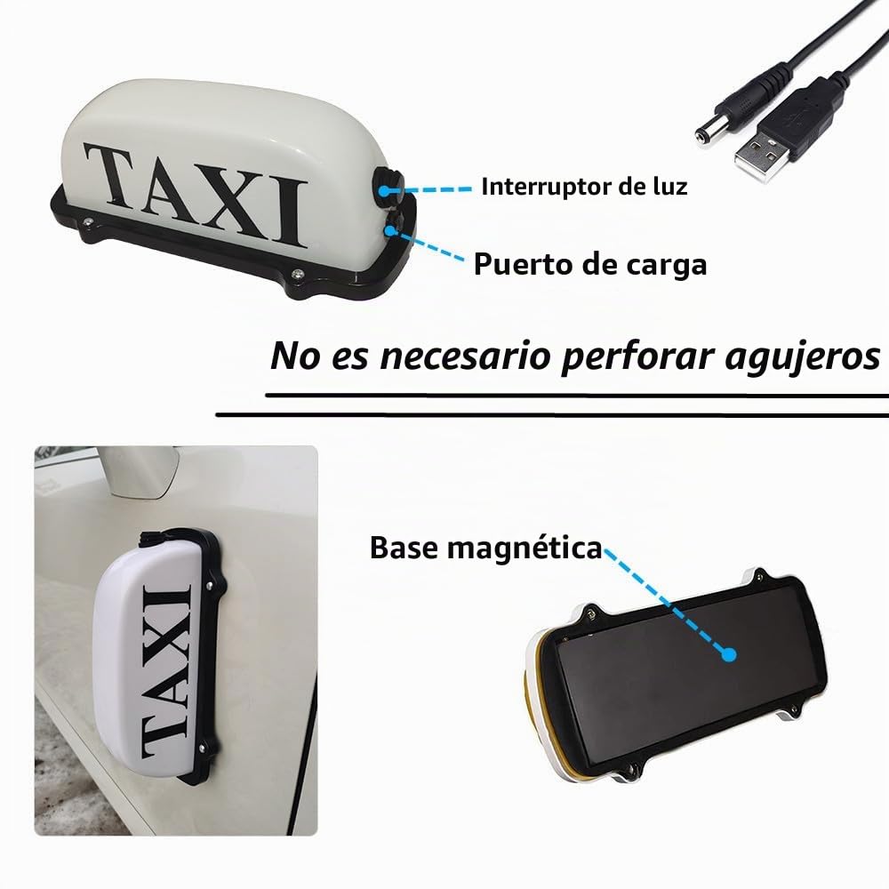 Luz de señal de taxi, luz superior de taxi con batería recargable USB, letrero de taxi de techo con base magnética, luz de cúpula de taxi impermeable, color blanco