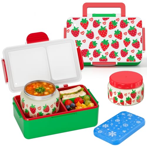 Image of Bento Lunch Box for Kids-3 Compartment Leak Proof Insulated Lunch Container | Strawberry Design Lunch Box-With 12oz Stainless Steel Food Soup Jar & Built-in Ice Pack Bento Box for Boy Girls School Travel